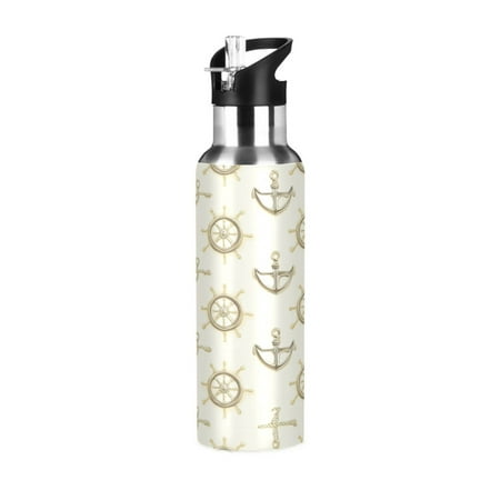 

600/1000ML Stainless Steel Sport Water Bottle with Straw Lid Leak Proof Vacuum Insulated Mug for Outdoor Activities Cycling Running & Walking Ship Wheels Anchors Pattern