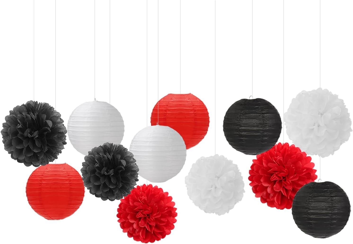 Red-Black White Party-Decorations Paper Flowers Lanterns - 15PCS Halloween Birthday Tissue Pom Poms Streamers,Wedding Baby Bridal Shower Hanging Supplies Decor