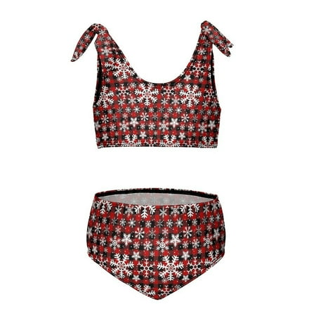 Christmas Snowflakes with Red And Black Buffalo Plaid Pattern Girl s 2 Piece Bikini Set Beach Sport Swimsuit Swimwear 8-10Y130cm