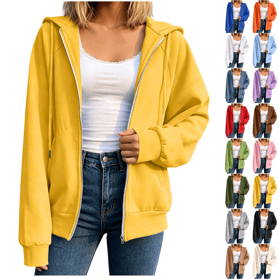 Women Fashion Hooded Sweatshirts Zip Front Soft Solid Blouse Long Sleeve Tops Pockets Hoodied Sweatshirt