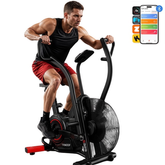 HASIMAN Air Bike Exercise Bike with Dual Action Handlebars, Indoor Workout,Air Resistance Fan Bike with with Bluetooth App, Adjustable Seat ,480 lbs Capacity