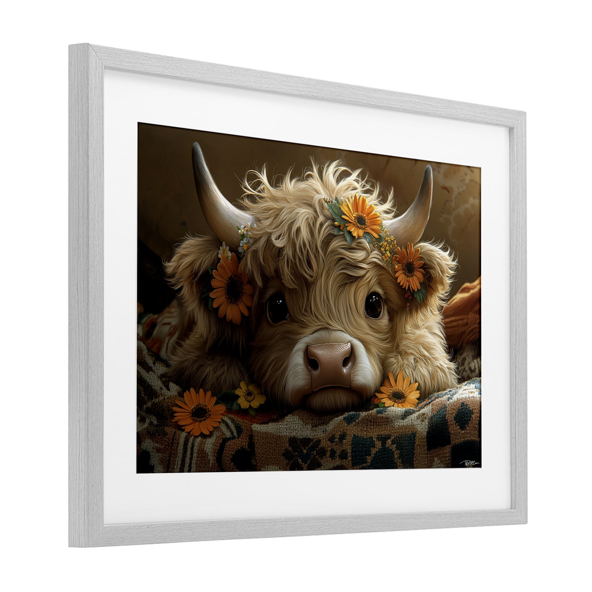 Adorable Flower Bedecked Cattle Gray Framed Print Under Glass, design by Momart