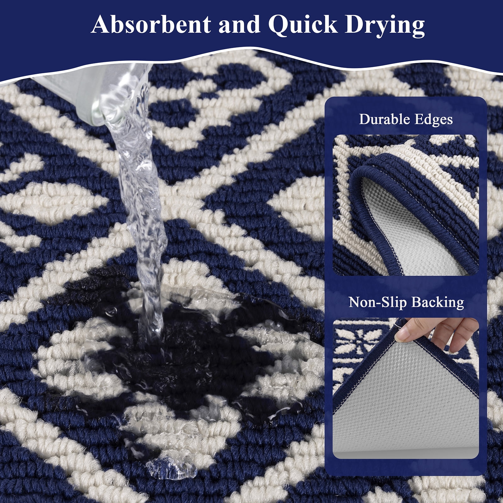Vaukki Farmhouse Kitchen Rugs Sets of 3, Non Slip Kitchen Floor Mats Washable Kitchen Runner Rug, Blue