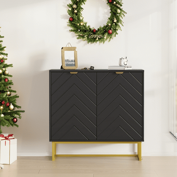 Accreate 31.5" Modern Sideboard Buffet Cabinet with Storage, Wood Credenza Console Table with Adjustable Shelf, Herringbone Pattern Doors & Gold Handles