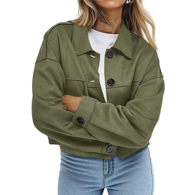 Chaqueta Corta de Ante Sintético para Mujer, Informal, Ligera, para Otoño e Invierno. Verde XL