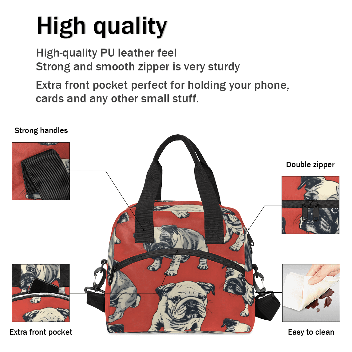 Herdesigns Bulldog Dogs Insulated Lunch Bag for Women Men Adults Large Reusable Lunch Box Leakproof Portable Cooler Tote Bags with Adjustable Shoulder Strap
