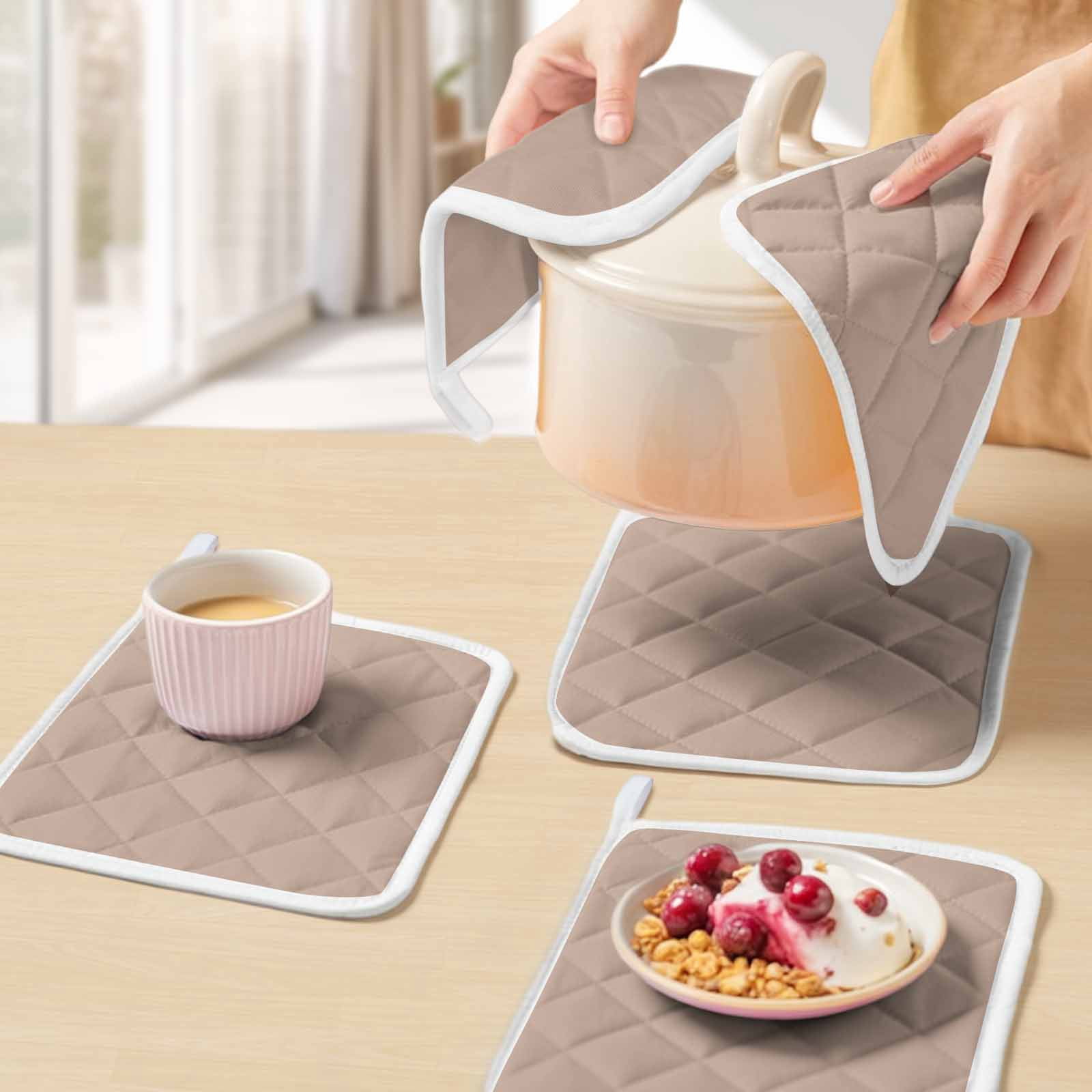 Warm Beige Pot Holders for Kitchen Heatproof Potholder, 3 Pack Solid Color Farmhouse Beige Hot Pads Multipurpose Oven Pads Cloth Potholders Trivet for Cooking Baking