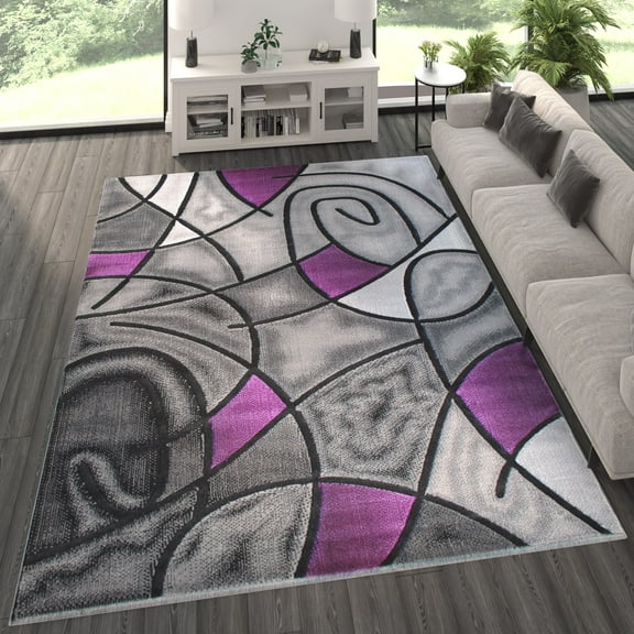 BizChair Modern Contemporary Area Rug, Purple Grey Black (8 Feet X 10 Feet)