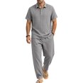 thumbnail image 2 of Awwp Men's Linen 2 Piece Outfits Short Sleeve Shirts & Long Pants Set Casual Loose Summer Matching Vacation Suit Dark Gray Size: 2Xl, 2 of 7