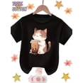 thumbnail image 1 of 100% Cotton Cat Drinking Milk Tea Print T-Shirt - Breathable Summer Casual Tee with Cute Cartoon Kitten Design, Round Neck Short Sleeve, Machine Washable, Casual Wear, 1 of 6
