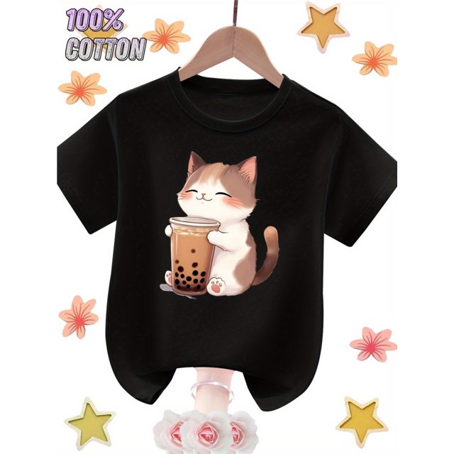 100% Cotton Cat Drinking Milk Tea Print T-Shirt - Breathable Summer Casual Tee with Cute Cartoon Kitten Design, Round Neck Short Sleeve, Machine Washable, Casual Wear