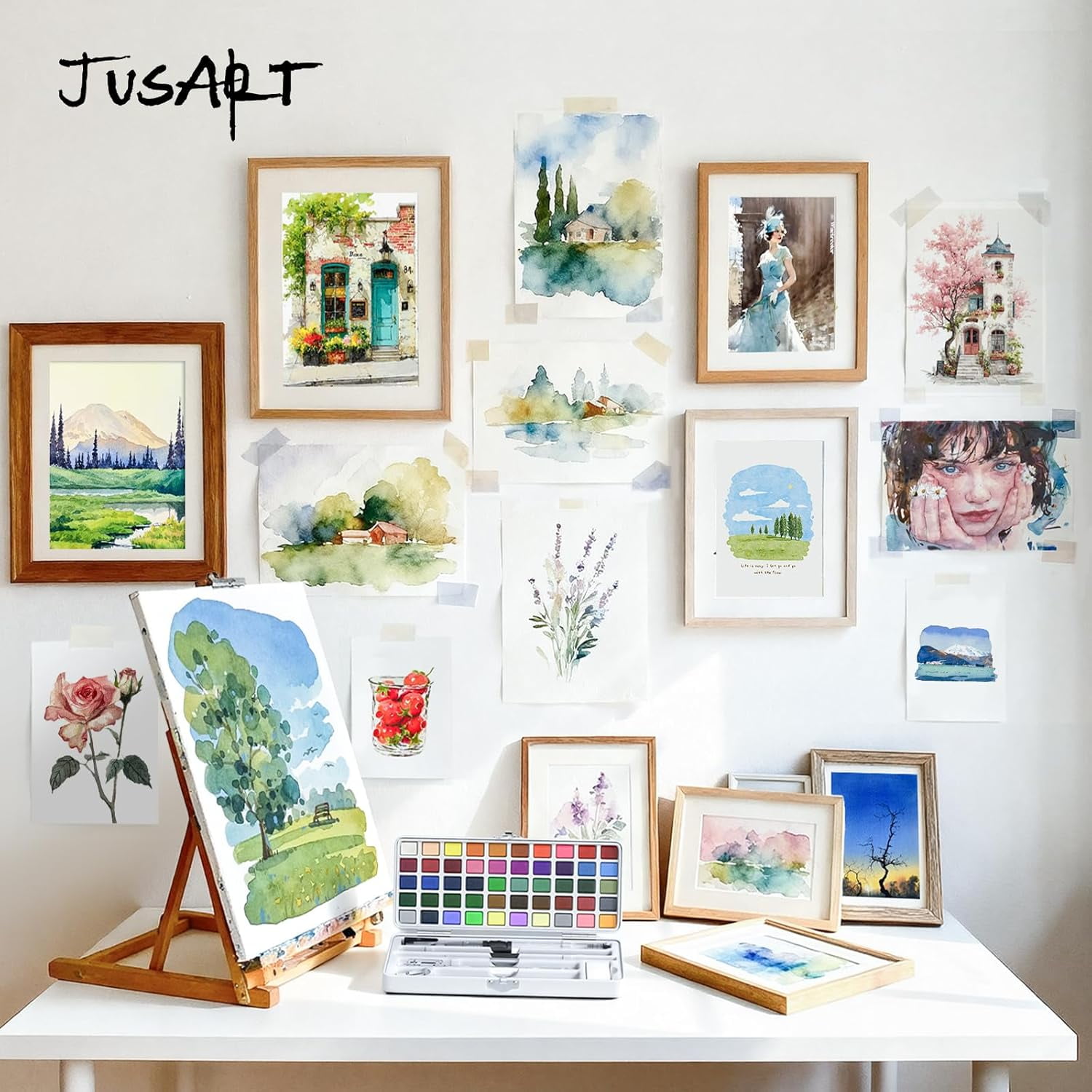 JusArt 50 Colors Watercolor Paint Set,Art Supplies with Metallic Color, Detail Painting Brushes, Water Brush Pens, Portable Travel Painting Kit for Artists, Professionals, Adults