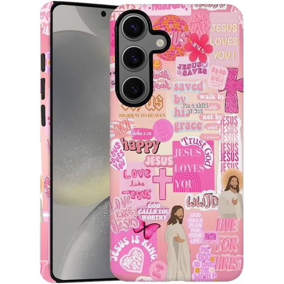 Case for Samsung Galaxy S23 FE, Pink Love Like Jesus Cross Patchwork Phone Case Military-Grade Drop Protection Cover for Women Girl - Frosted