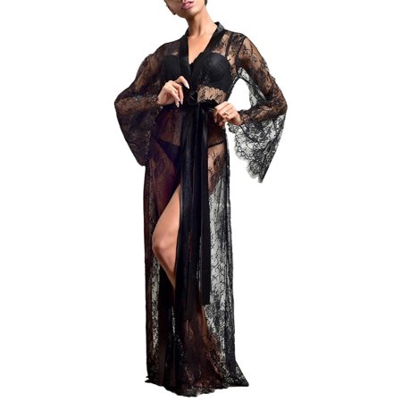 

Sexy Dance Women Lady Lingerie Robe Long Sheer Kimono Robe Nightgown Bridal Nightdress Lace Eyelash Chemise