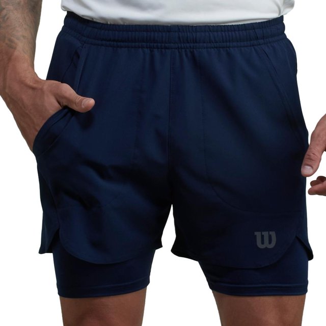 Bermuda Wilson talla M azul con doble capa, short interior ajustado y exterior suelto, tela ligera y de secado rápido, cintura elástica ajustable, adecuada para deporte y uso diario, también usada para entrenamiento y actividades al aire libre.