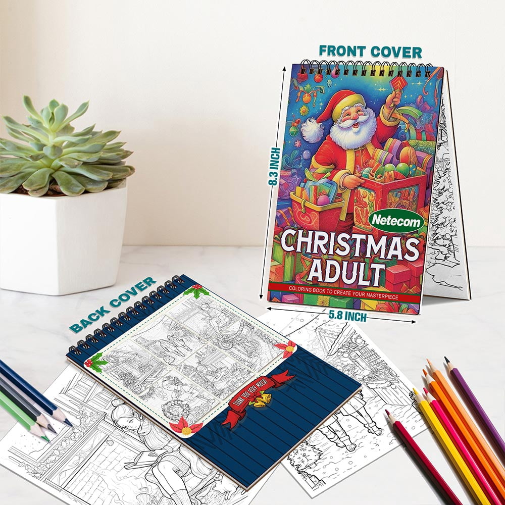 Netecom Christmas Adult Coloring Book Spiral Bound for Adults, A5 Wooden Cover, 30 Festive Coloring Pages of Christmas Traditions for Stress Relief and Relaxation