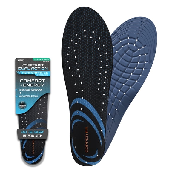 Copper Fit Dual Action Performance Insoles with Lumacore Blu-Infrared Fabric, Cooling Air Channels, Gel Heel Cushion, Low-Profile Energizing Comfort, Trim to Fit Men’s 8–14