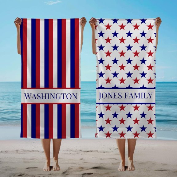 Personalized Patriotic Beach Towel with Custom Name, 3 Design Options American Flag Stars Stripes, 30x60 Pool Towel Gift