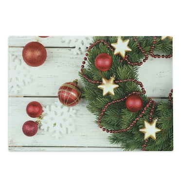 Christmas Cutting Board, Nostalgic Noel Floral Wreath with Balls Ribbons on the Rustic Background Picture, Decorative Tempered Glass Cutting and Serving Board, Large Size, Green Red, by Ambesonne