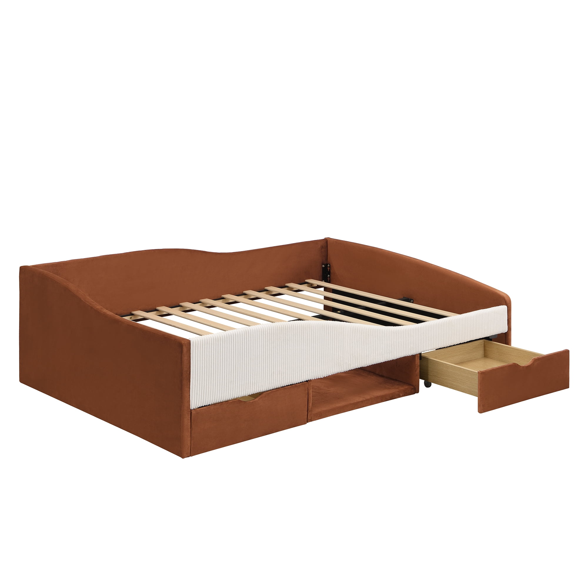 Mintazer Full Size Cool Upholstered Daybed Frame with 2 Storage Drawers & Open Shelf & Guardrail for Kids Boys Girls, Brown
