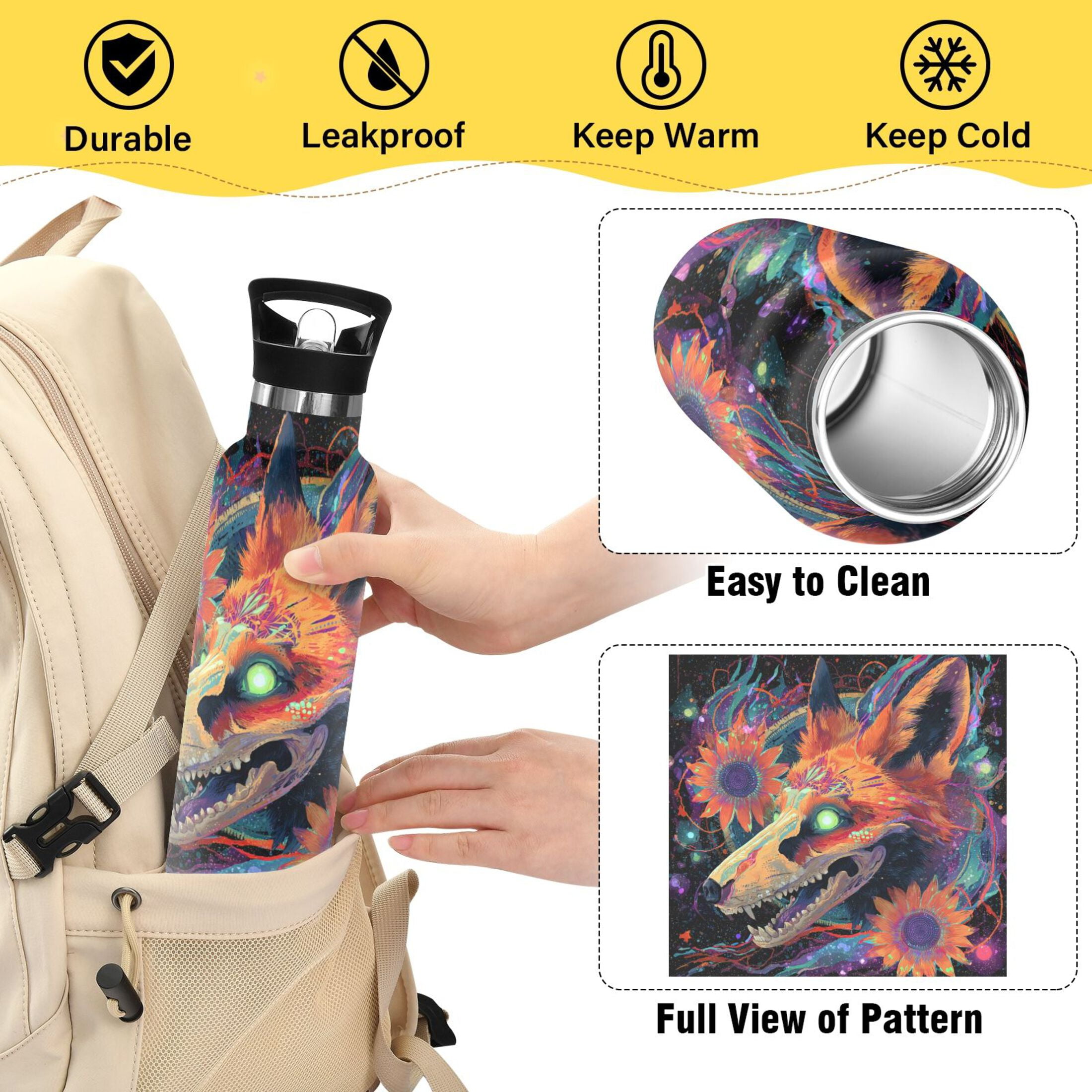 Kids Insulated Stainless Steel Sports Water Bottle 600ml (20oz) Fox Skull