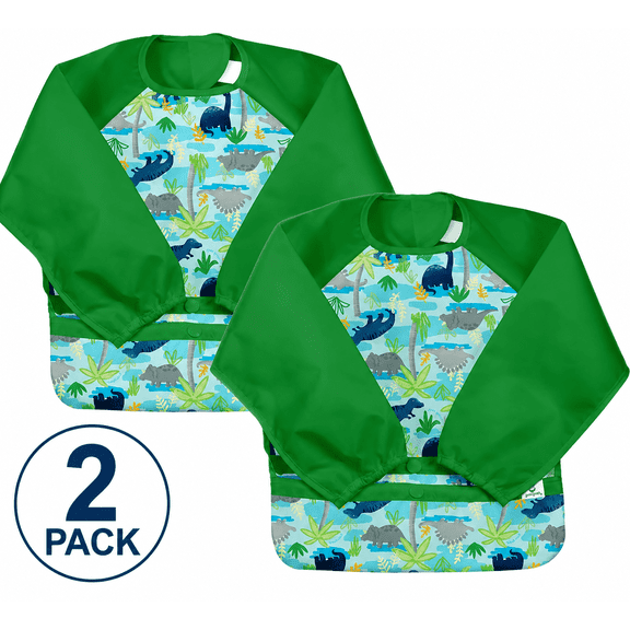 Green Sprouts Snap & Go Easy-Wear Long Sleeve Baby Bib, Dinosaur, 2 Pack