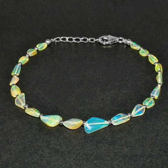 QNAVIC Natural Welo Ethiopian Opal Stone Nuggets Beads with Silver Ball Handmade Bangle Bracelet For Women, Healing Chakra Crystal, October Birthstone, Rhodium Plated 925 Sterling Silver Chain 8 Inch