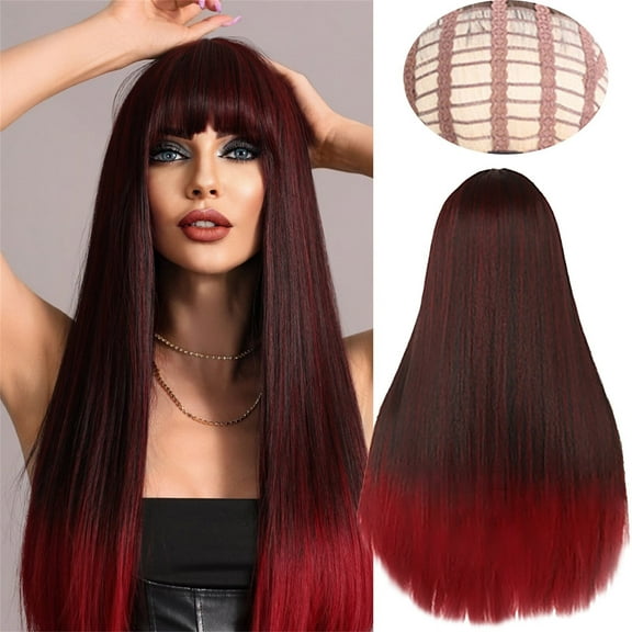UTOURS Human Hair Wigs For Women Wig Long Straight Hair Black Gradient Red Long Curly Hair Wig Headgear Whole Top
