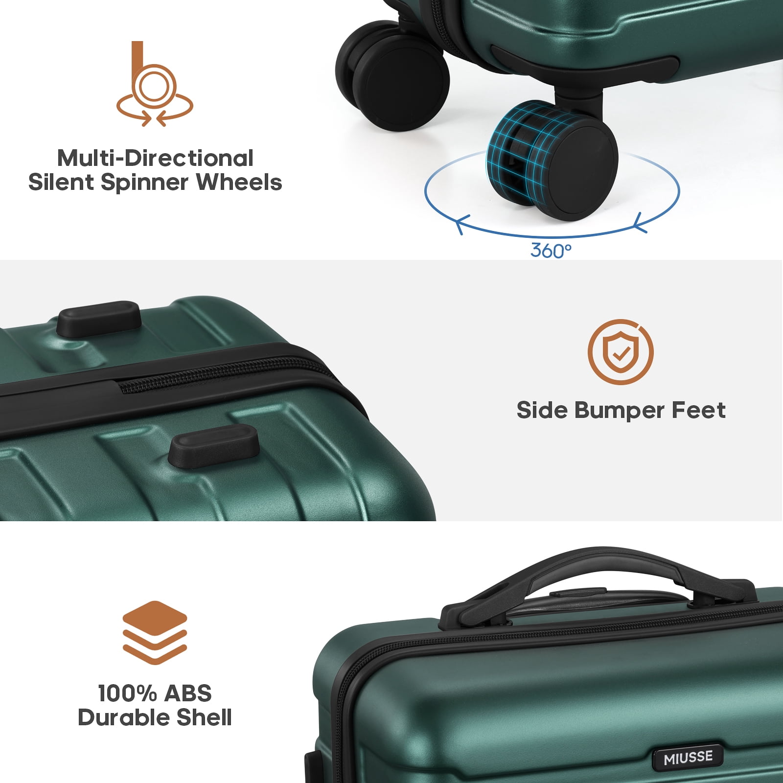 MIUSSE Hardshell Luggage Sets 3 Pieces, Hardside Lightweight Suitcase with Spinner Wheels and TSA Lock, Green Luggage Set 20in24in28in
