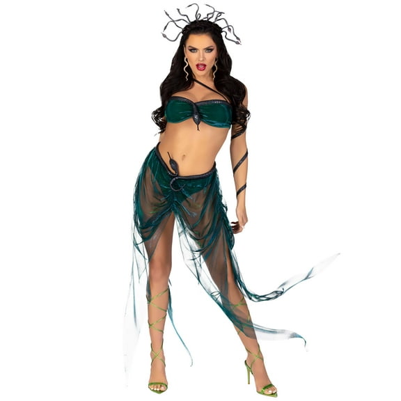 Leg Avenue Women's 4 Pc Medusa Costume with Iridescent Asymmetrical Bra Top, Skirt w/ Built-In Panty, Arm Wraps, Snake Headband