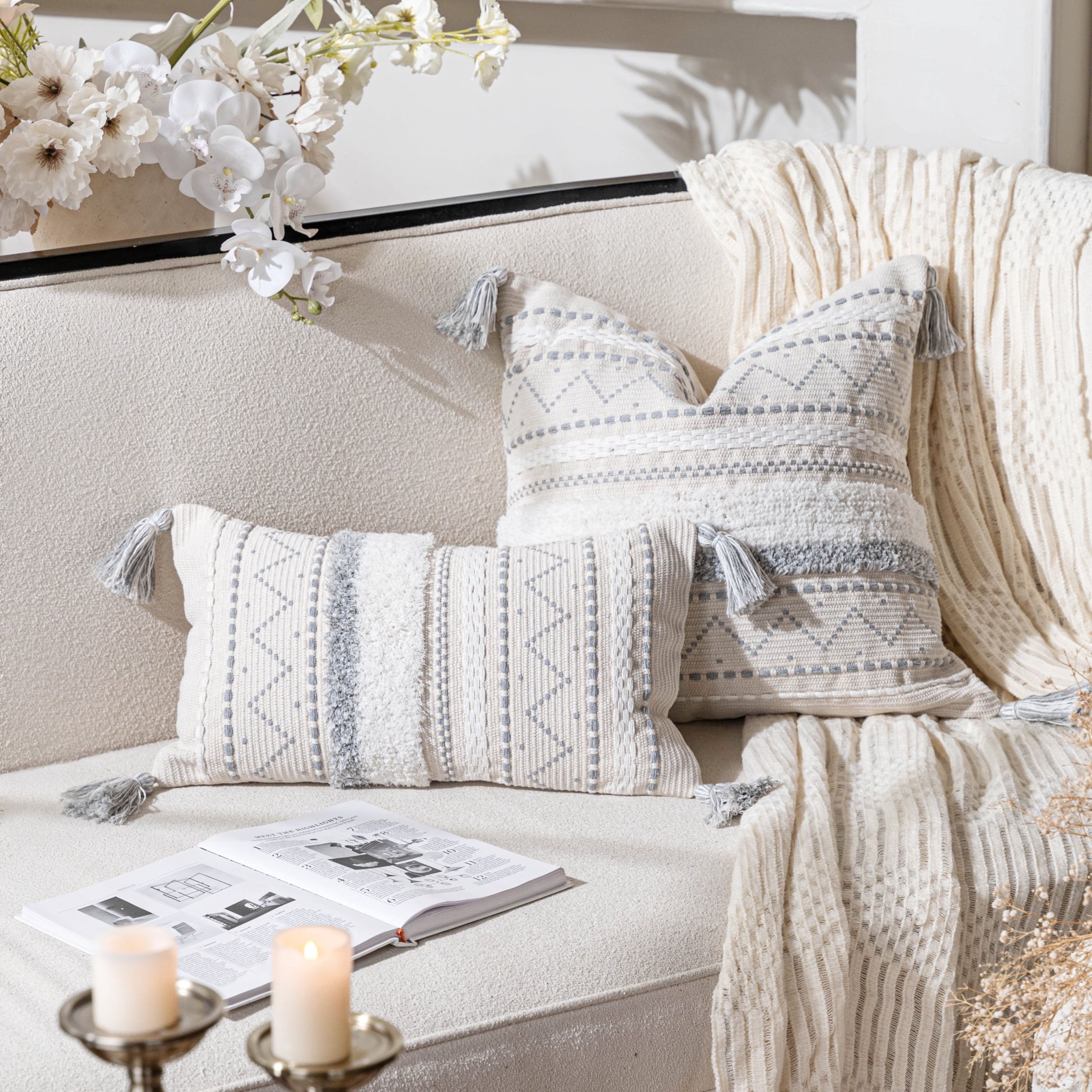 BlissBlush Gray Decorative Throw Pillow Cover 20x20 Combo Set of 2 Square Boho Neutral Grey Accent Pillowcase Tassels Farmhouse Cushion for Couch Sofa Bedroom Living Room Home Décor Cover ONLY