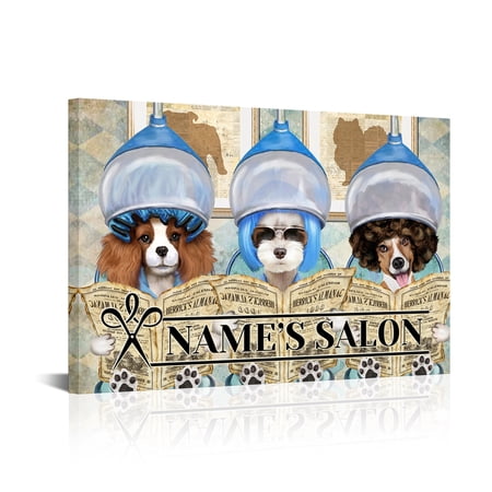 HOOHAA Personalized Salon Sign with Name Wall Art Dog Canvas Prints Custom Vintage Dog Grooming Hairstyle and Reading Magazines Giclee Poster Home Decor for Beauty Shop Groomer (Blue)