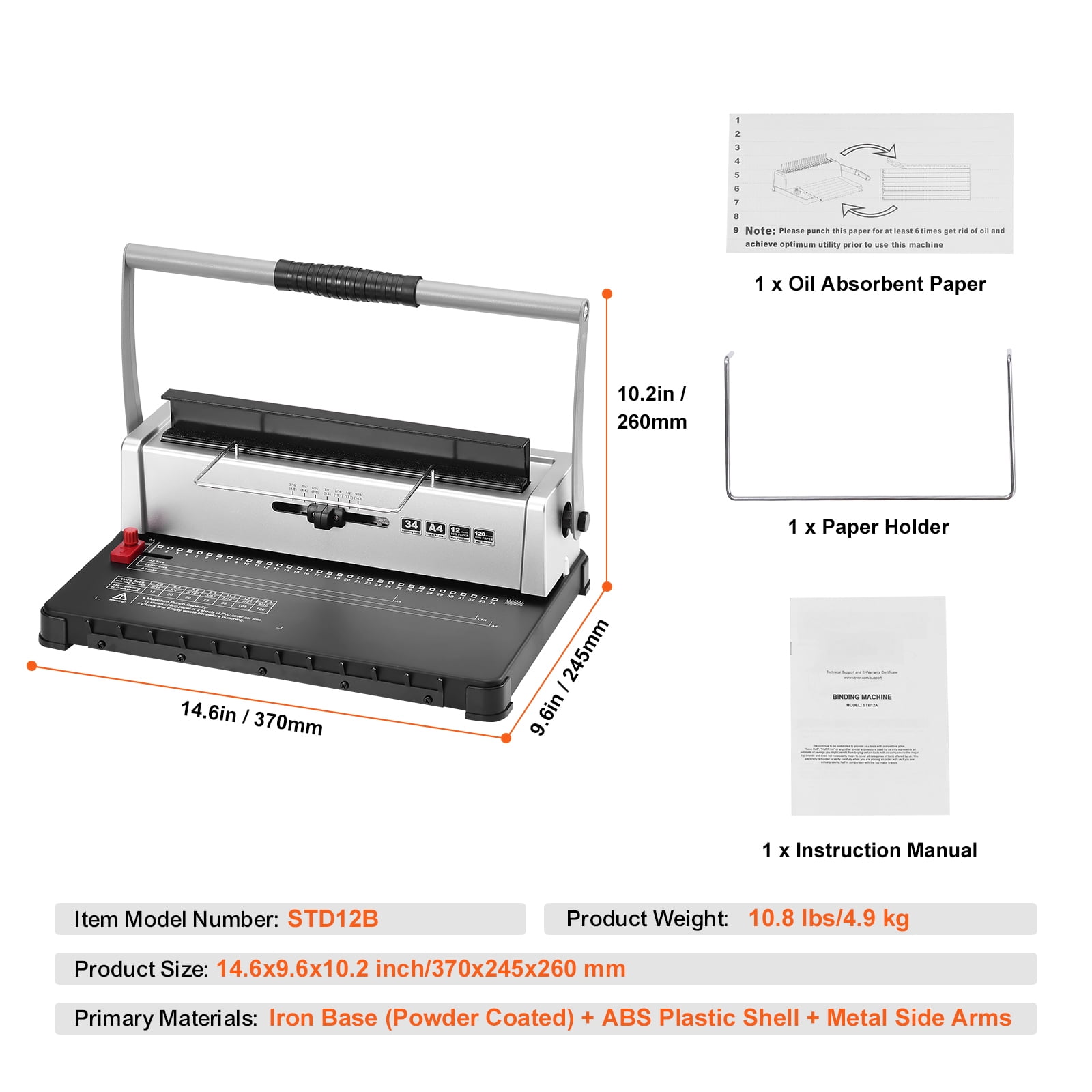KFFKFF Spiral Coil Binding Equipment, Hand-operated Document Creator with 34-Hole Binding for 120 Pages, Punching Binder with Flexible 3/16" - 9/16" Coil Binding Spines and Side Margin
