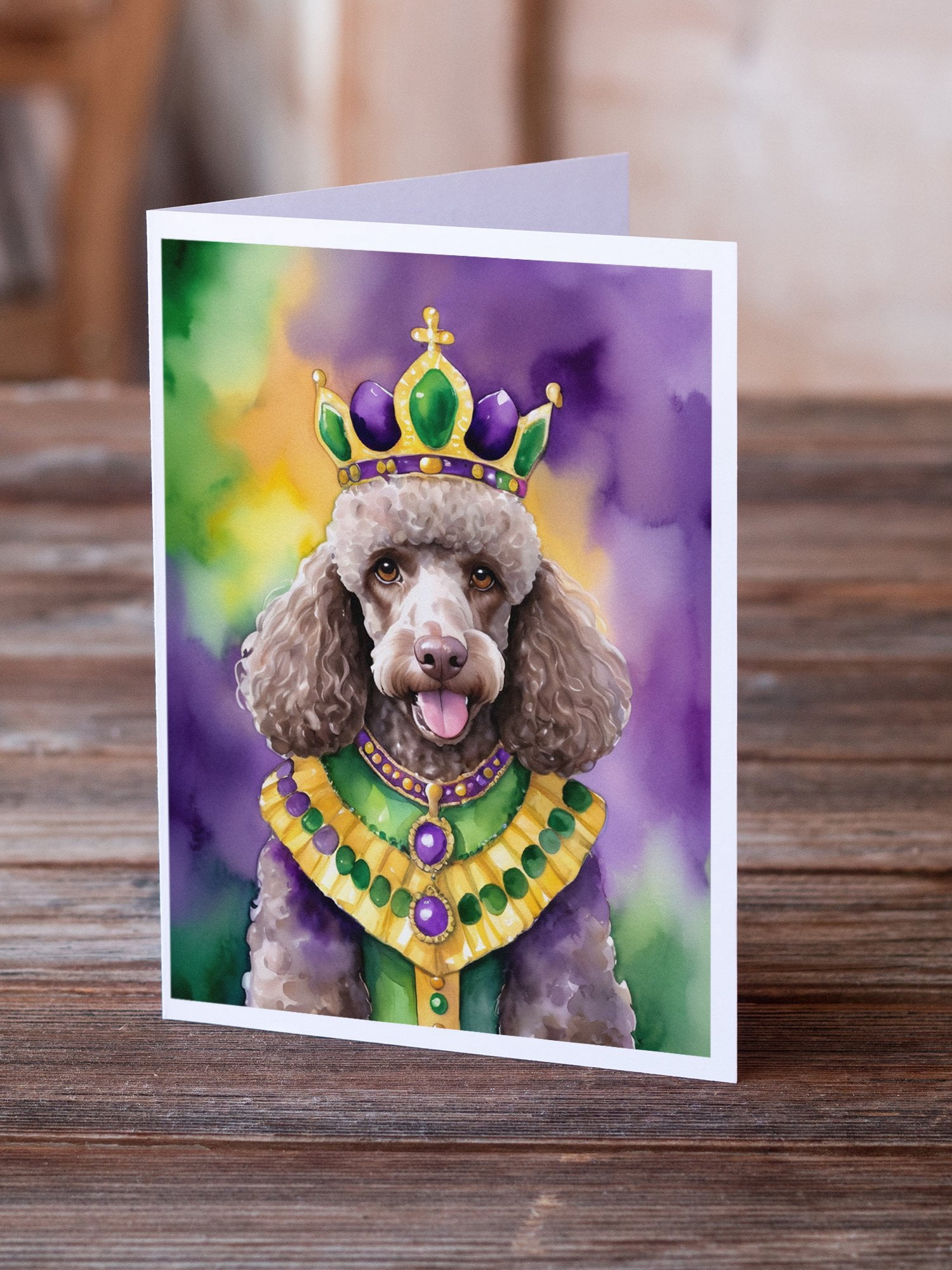 Chocolate Poodle King of Mardi Gras Greeting Cards Pack of 8 7 in x 5 in