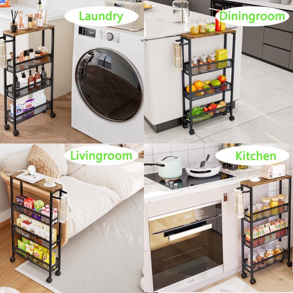 Slim Rolling Cart, 4 Tier Narrow Storage Cart on Wheels with Wooden Top and Metal Handle for Small Space for Kitchen Dining Room Living Room Home Office