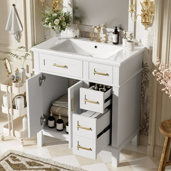 30" Bathroom Vanity with Ceramic Sink, Solid Wood Frame Cabinet with Soft-Close Doors, Deep & Standard Drawer, Gold Handles, and Ample Storage for Small Bathrooms