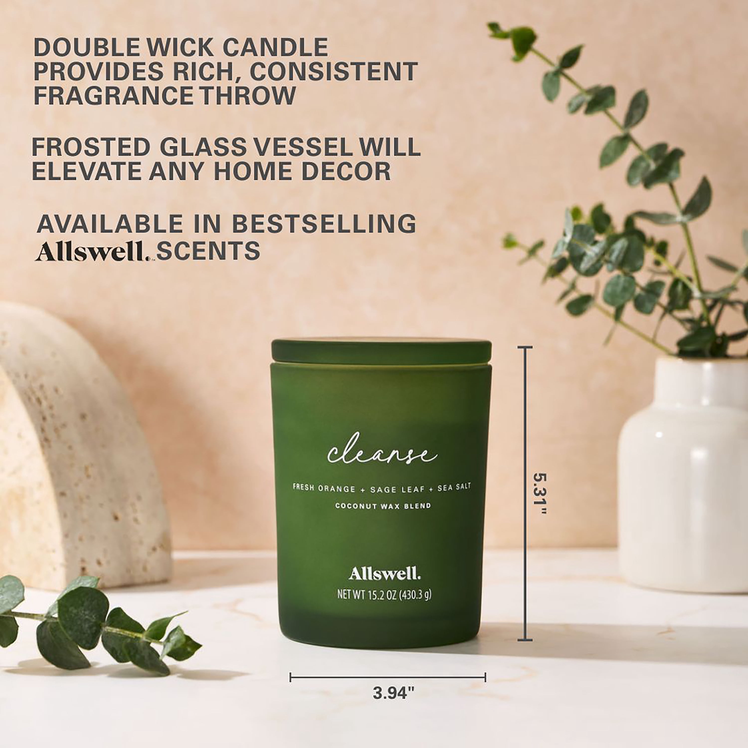 Allswell Cleanse Scented 2-Wick Spa Jar Candle, Fresh Orange + Sage Leaf + Sea Salt, 15.2 oz