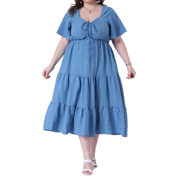 Vestido de verano para mujer de tallas grandes Agnes Orinda con escote corazón, volantes, mangas cortas y diseño en capas, midi, 2X, azul