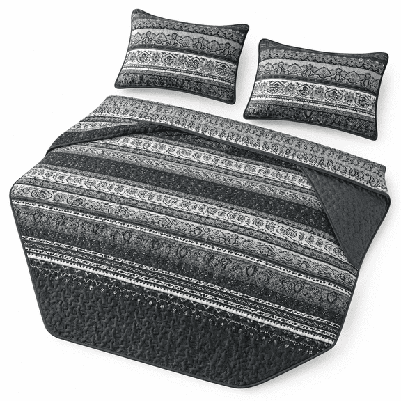 Boho Queen Quilt Set 3 Pieces Bedspread Black