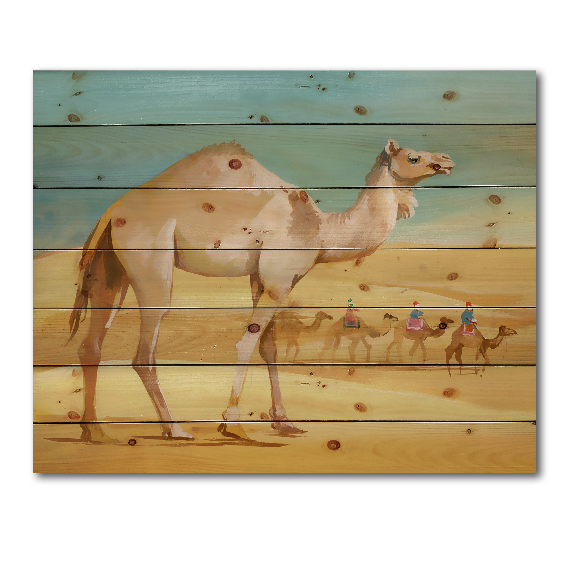Designart 'Camels In Wild Desert I' Farmhouse Print on Natural Pine Wood