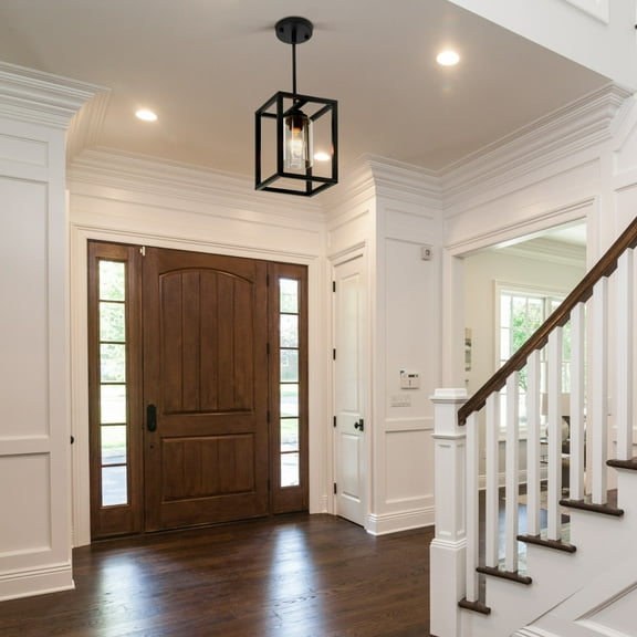 Single Light Retro Black Pendant lamp - Wrought Iron & Glass Entryway Fixture with Adjustable Hanging Rod, 4.7" Mount for Hallway Foyer