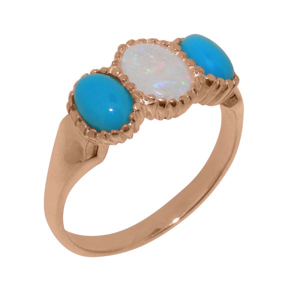 LBG British Made 10k Rose Gold Natural Opal & Turquoise Womens Anniversary Ring - 33 size options - Size 10
