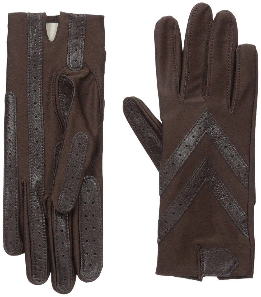 Isotoner Women's Spandex Shortie Gloves with Leather Palm Strips, Brown