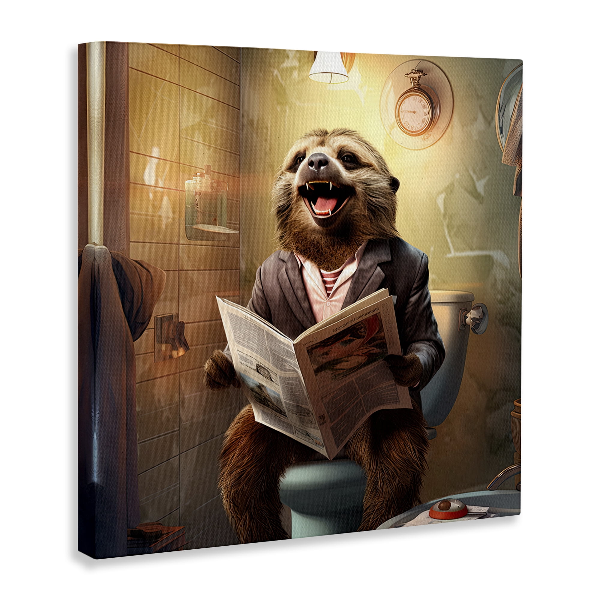 Stupell Industries Smiling Sloth on Toilet Typography Painting Gallery Wrapped Canvas Art Print Wall Art, 24 x 24