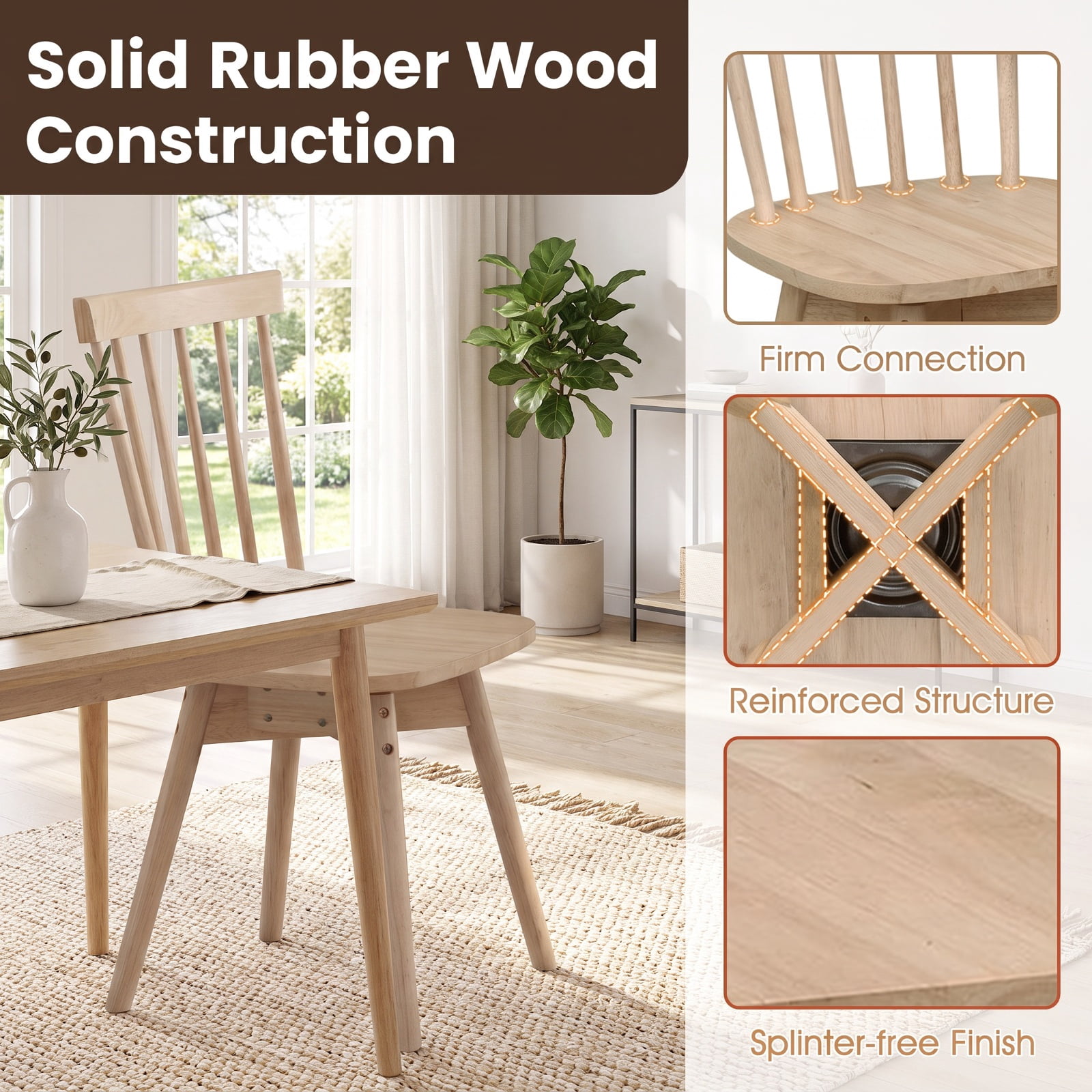 Furnibear Windsor Dining Chairs Set of 2 Mid Century Rubber Wood Kitchen Chairs with Swivel Seat for Kitchen Dining Room Living Room Home, Natural