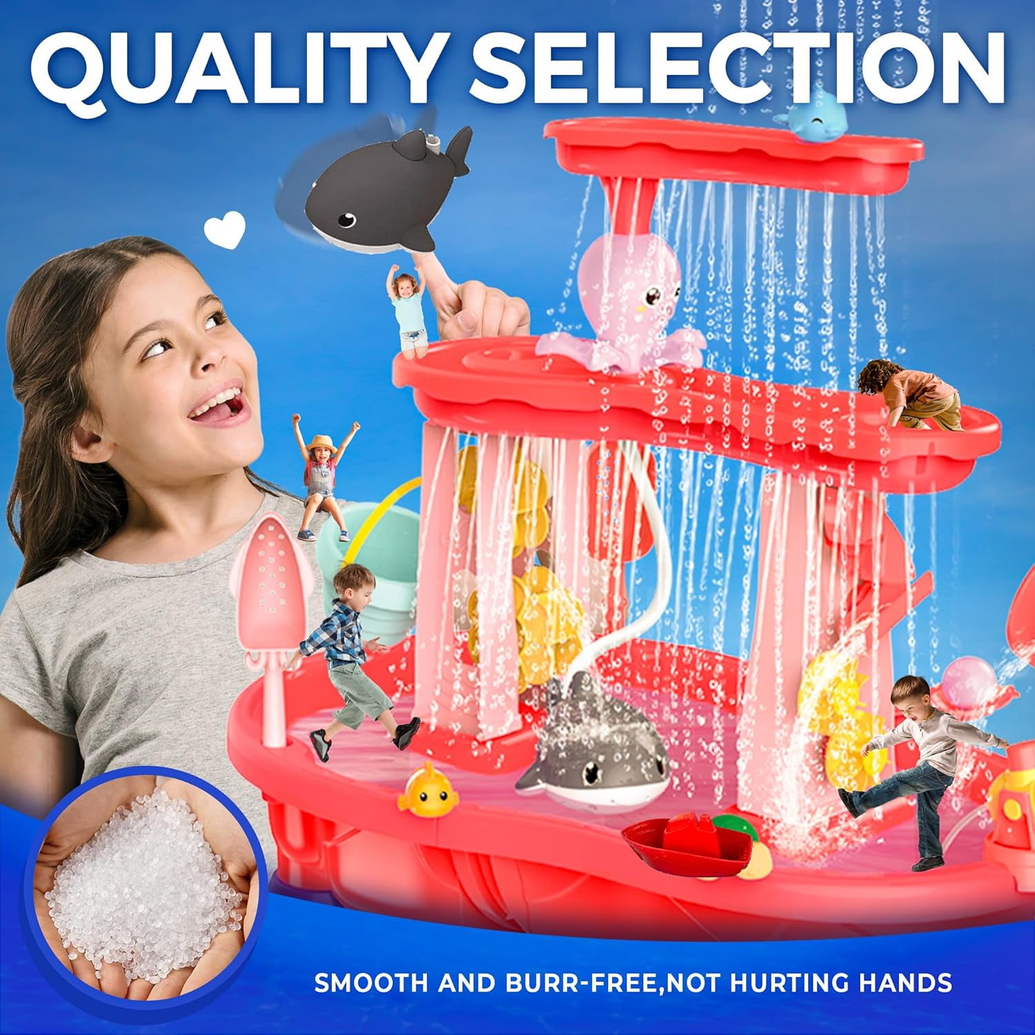 Water and Sand Table with Water Pumb & Umbrella - Summer Toys 3-Tier Kids Water Play Table, Outdoor Beach Toys with Cute Accessories