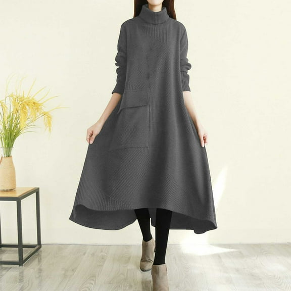 AUNVITO Women Corduroy Dress Vintage High Neck Asymmetric Hem Long Sleeve Heavyweight Winter Dress