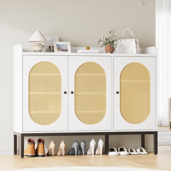 Rattan Organizer with 3 Doors, Shoe/Buffet/Sideboard Storage Cabinet with Adjustable Shelves for Entryway, Hallway, Living Room, Closet, White