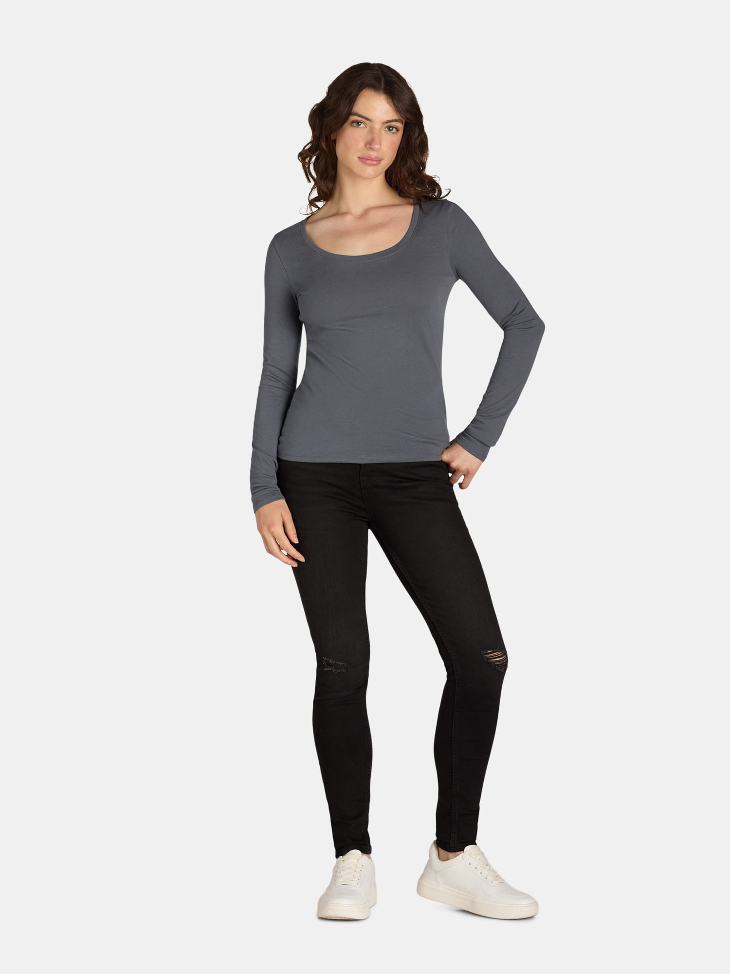 No Boundaries Scoop Neck Everyday Tee with Long Sleeves, 1 and 3 Pack, Women's