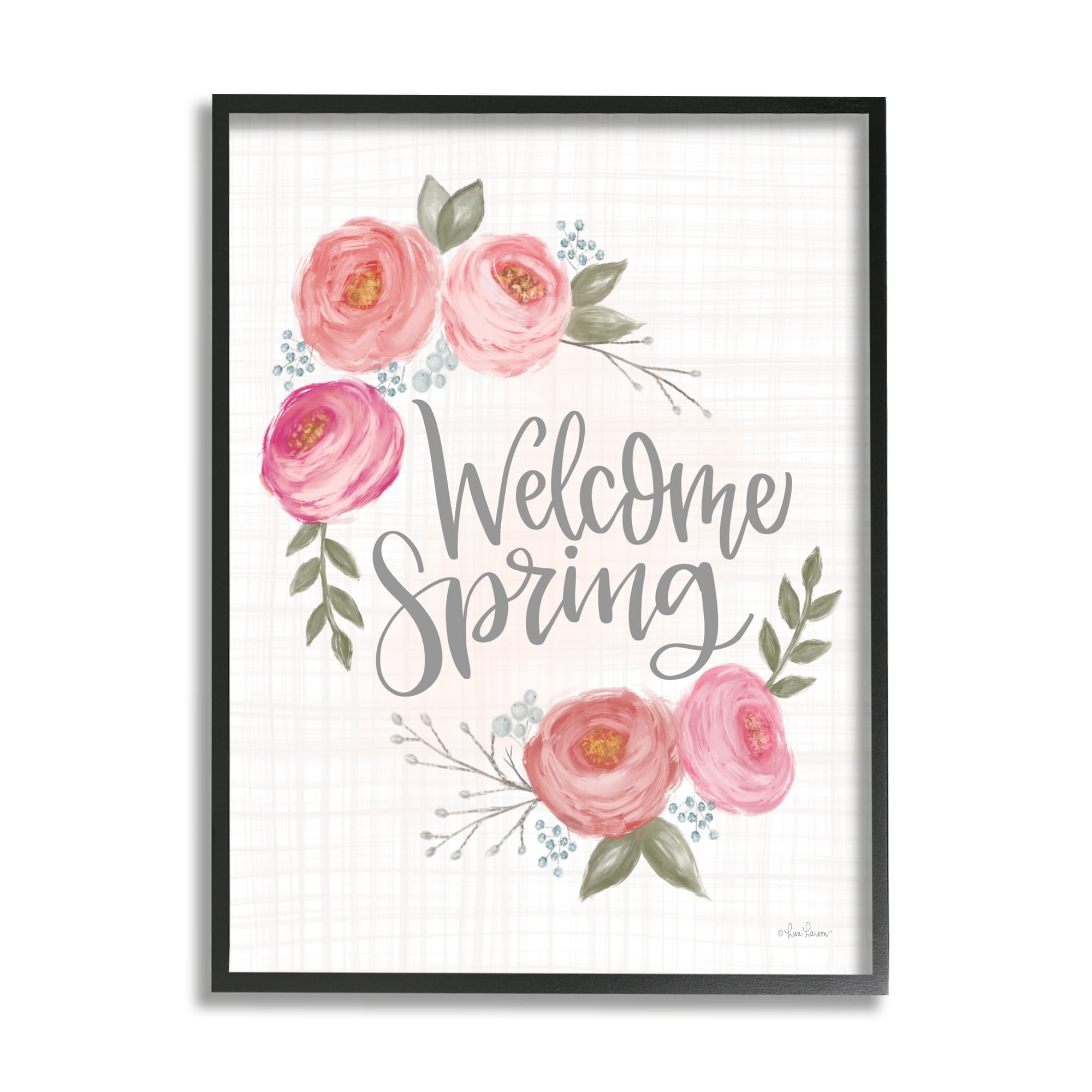Stupell Industries Welcome Spring Greeting Blossoming Pink Roses Plaid Pattern, 11 x 14, Design by Lisa Larson